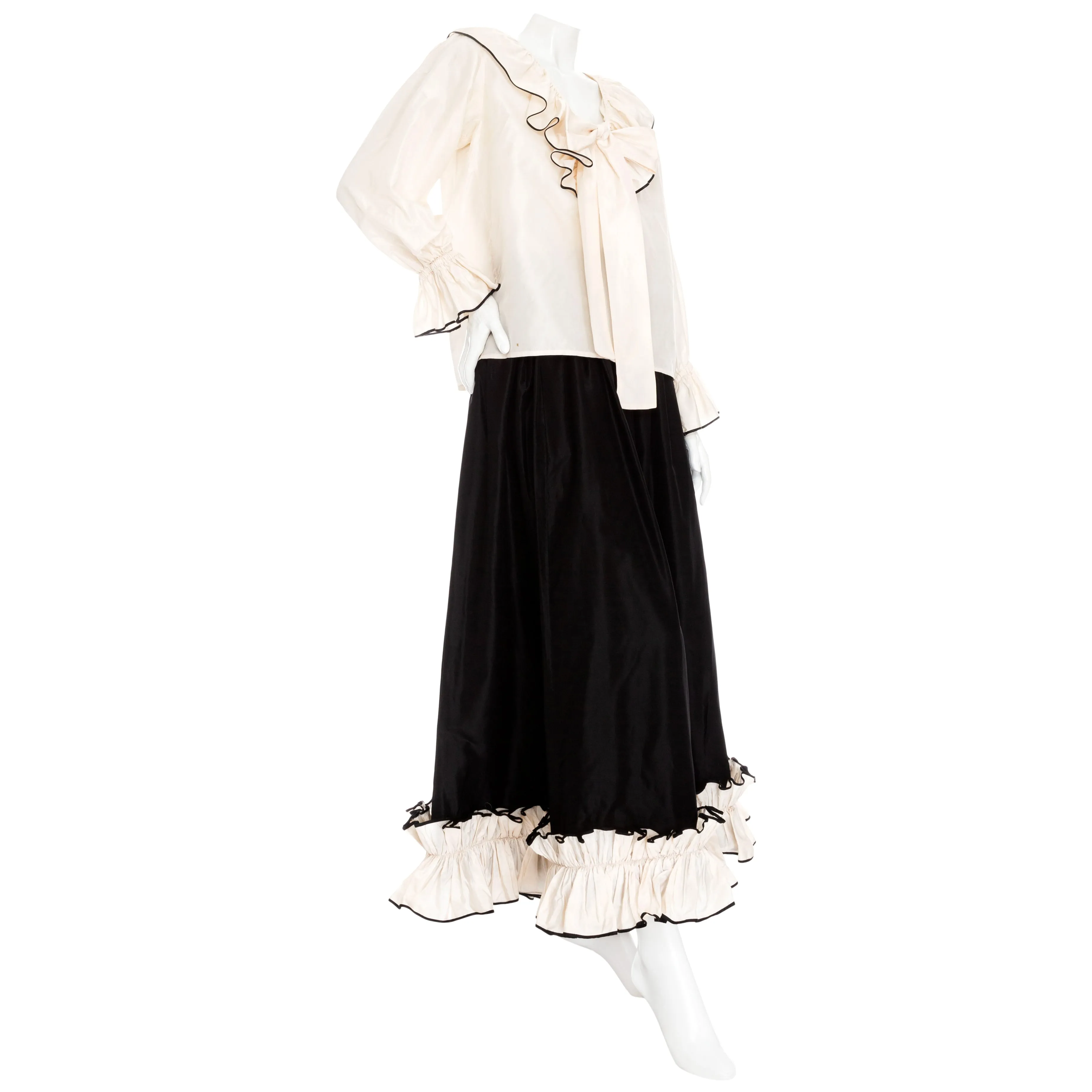 1970s Black and White Silk Taffeta Ruffled Two-Piece Top & Skirt Set