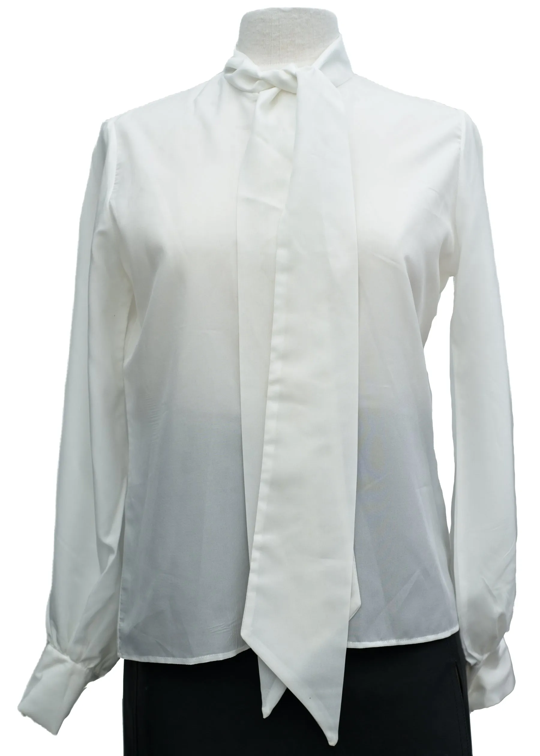 1980s Vintage White Pussy-Bow-Tie Neck Secretary Blouse