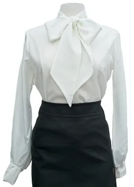 1980s Vintage White Pussy-Bow-Tie Neck Secretary Blouse