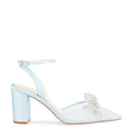 Athena - Blue Crystal Block Heels with Removable Ankle Strap