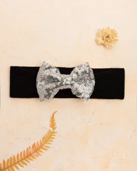 Big Sequined Bow Headband- Black & Silver