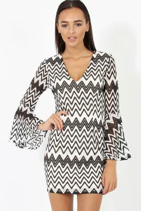 Black & White Crochet Flare Sleeve Dress - Kady