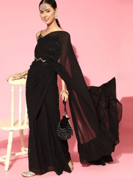 Black Ruffled Saree with Belt