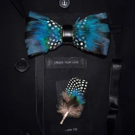 Blue & Black Peacock Feather Bow Tie with Lapel Pin