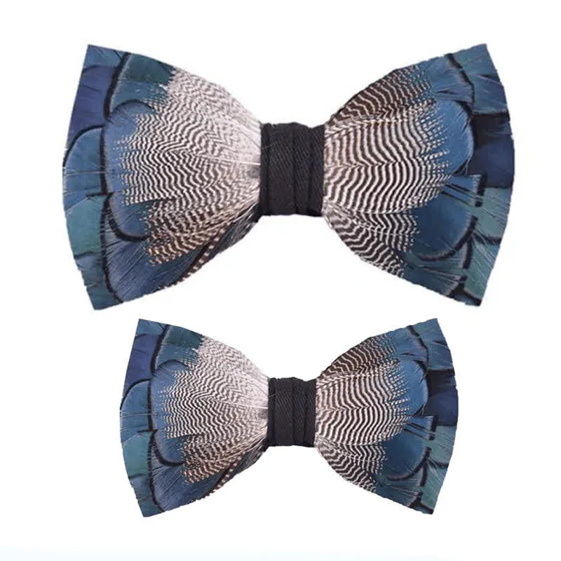 Blue & White Mallard Duck Feather Bow Tie with Lapel Pin