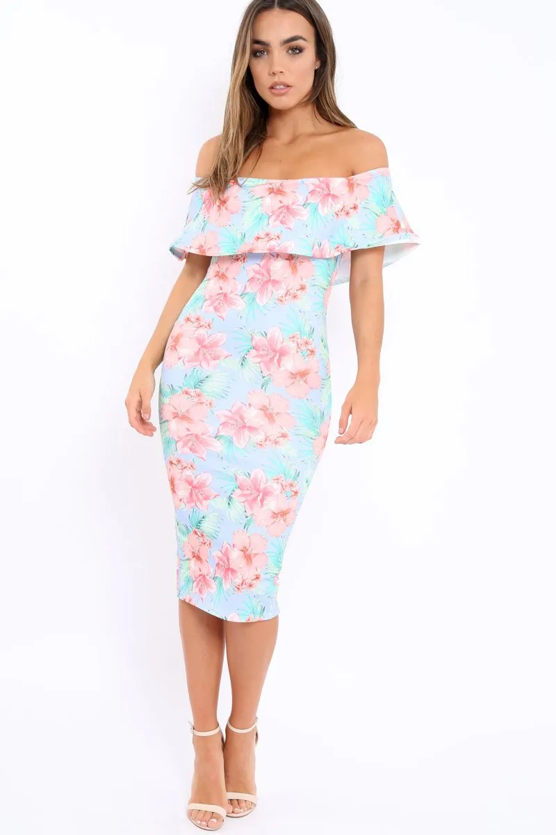 Blue Bardot Tropical Floral Midi Dress - Anaise