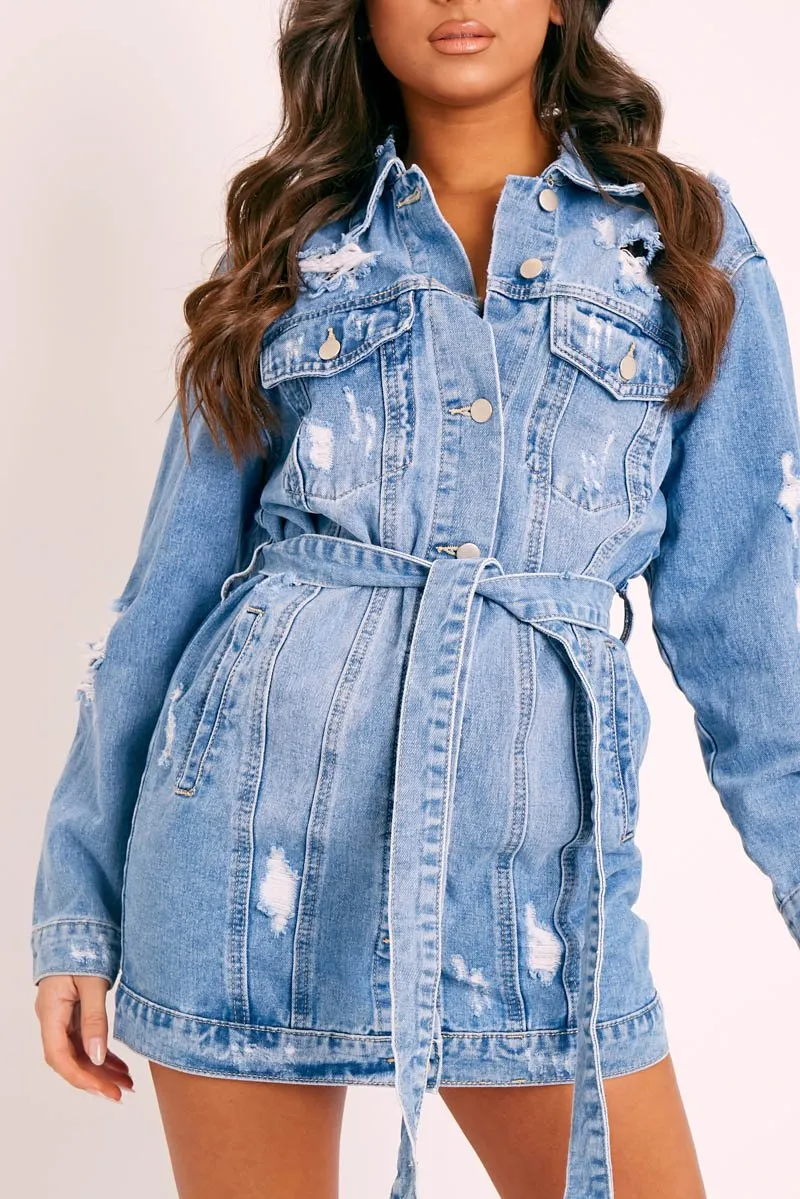 Blue Distressed Belted Denim Shirt Dress - Whitney