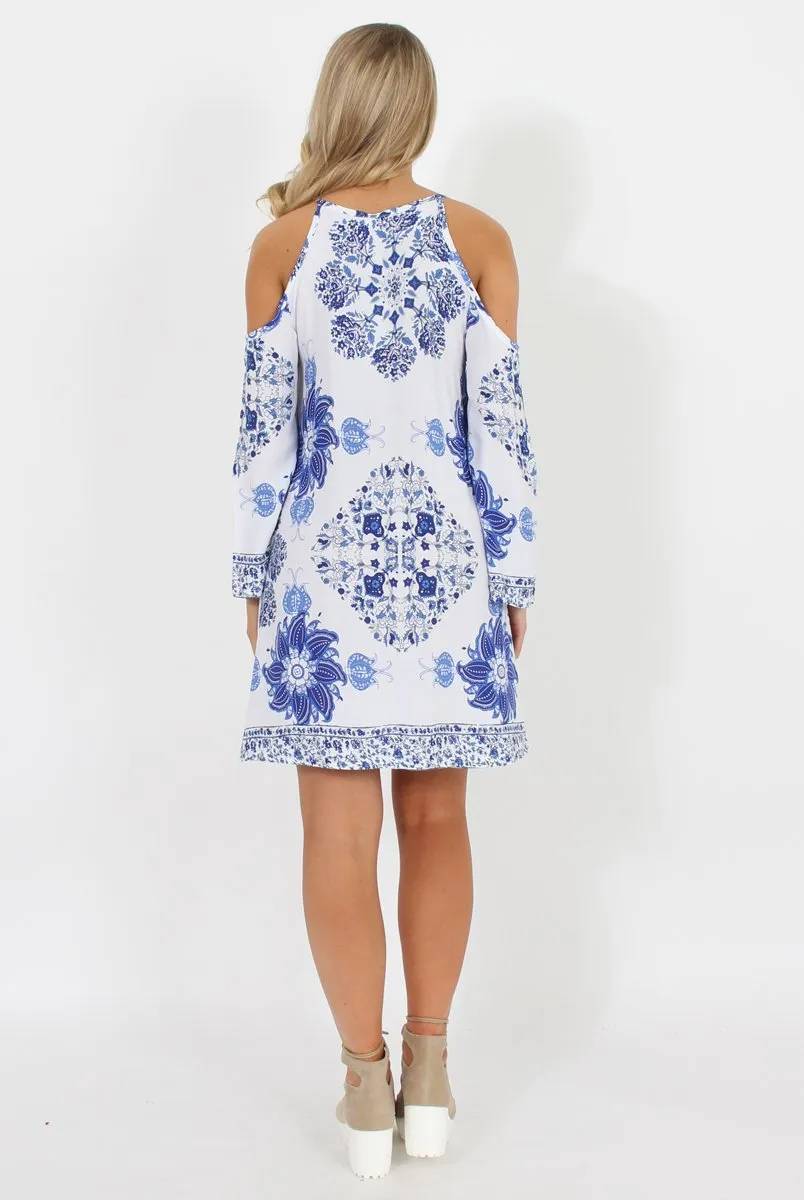 Blue Floral Print Cold Shoulder Dress - Penelope