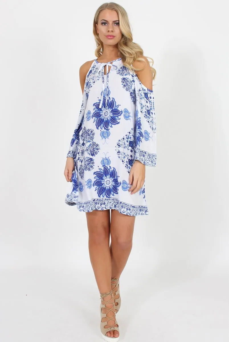 Blue Floral Print Cold Shoulder Dress - Penelope