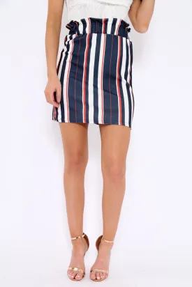 Blue Stripe Paper Bag Ruffle Hem Mini Skirt - Lynzie