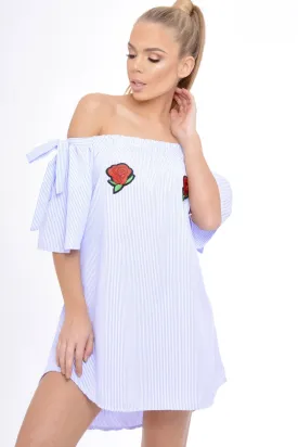 Blue Striped Bardot Embroidered Dress - Amette