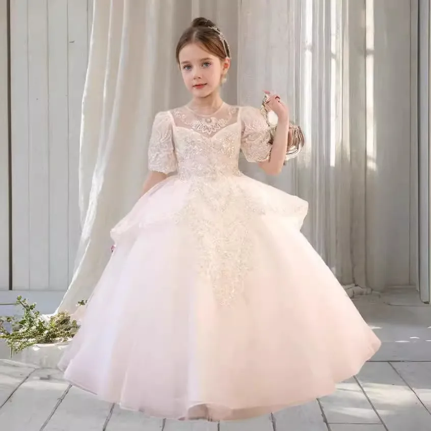 Champagne Girl's Dress Little Girl's Birthday Puffy Gauze Princess Dress Children's Piano Play Choir Costumes