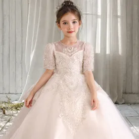 Champagne Girl's Dress Little Girl's Birthday Puffy Gauze Princess Dress Children's Piano Play Choir Costumes