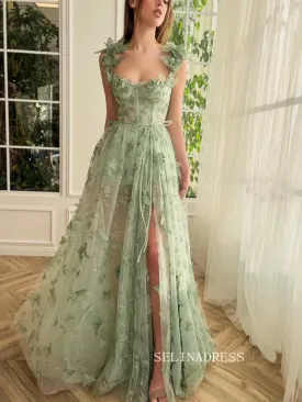 Chic A-line Straps 3D Floral Lace Long Prom Dresses With Embroidery Butterfly Green Evening Dresses jkw232