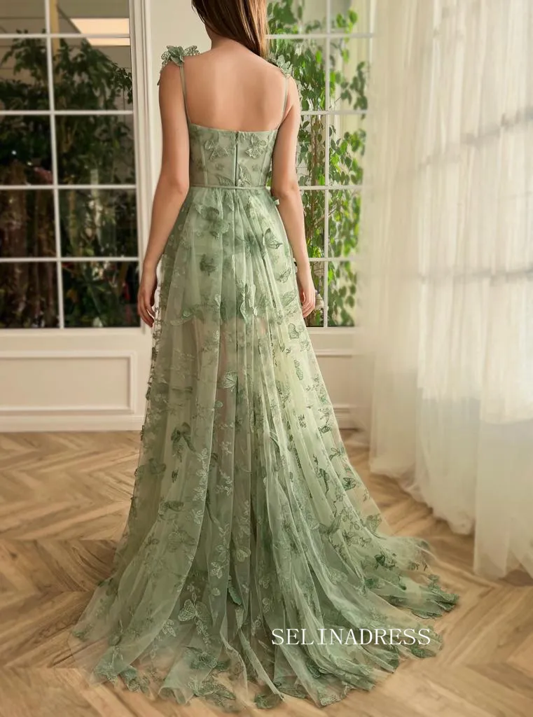 Chic A-line Straps 3D Floral Lace Long Prom Dresses With Embroidery Butterfly Green Evening Dresses jkw232