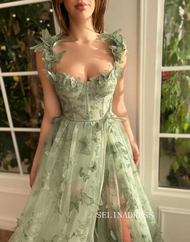 Chic A-line Straps 3D Floral Lace Long Prom Dresses With Embroidery Butterfly Green Evening Dresses jkw232