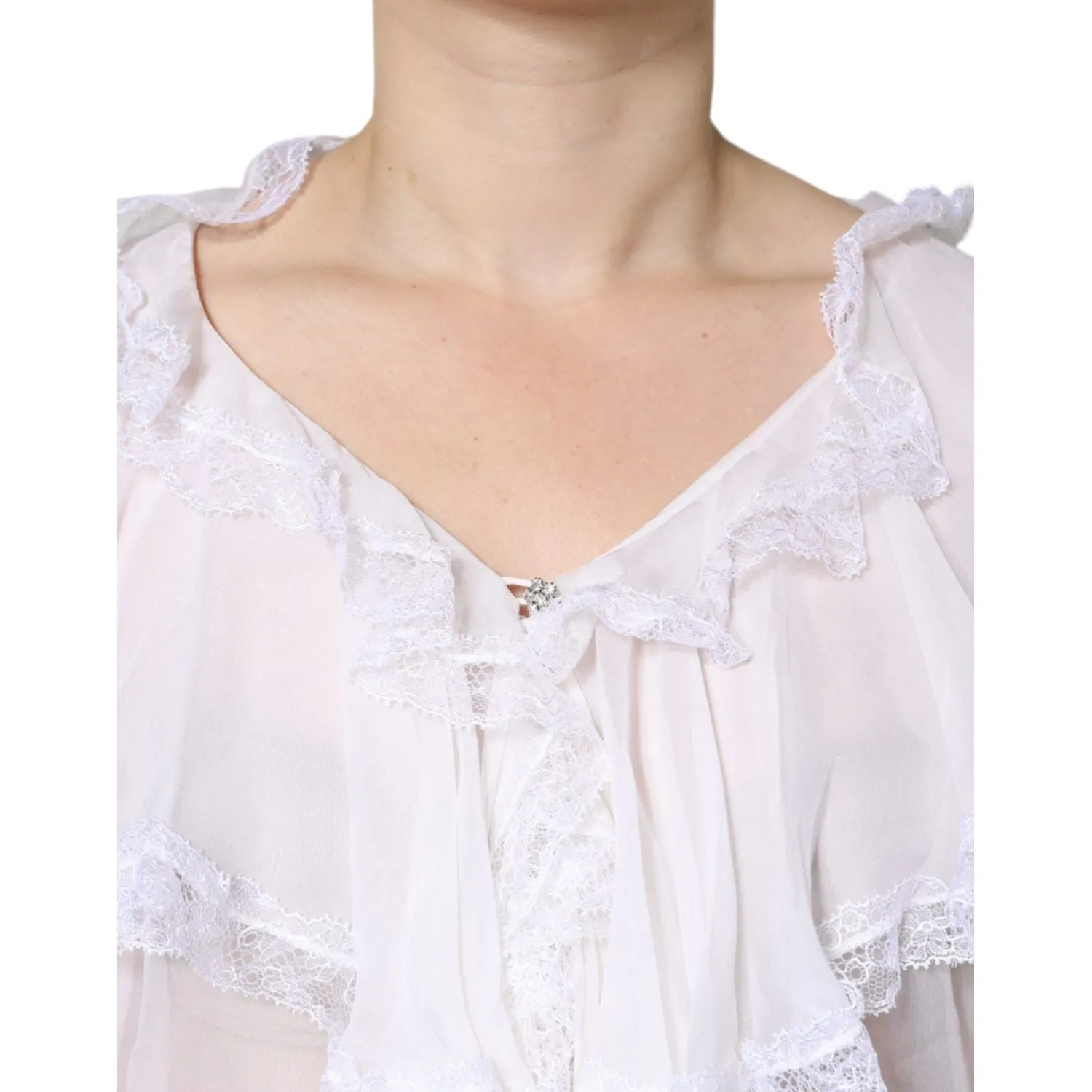 Dolce & Gabbana White Ruffles Lace Long Sleeve Blouse Top