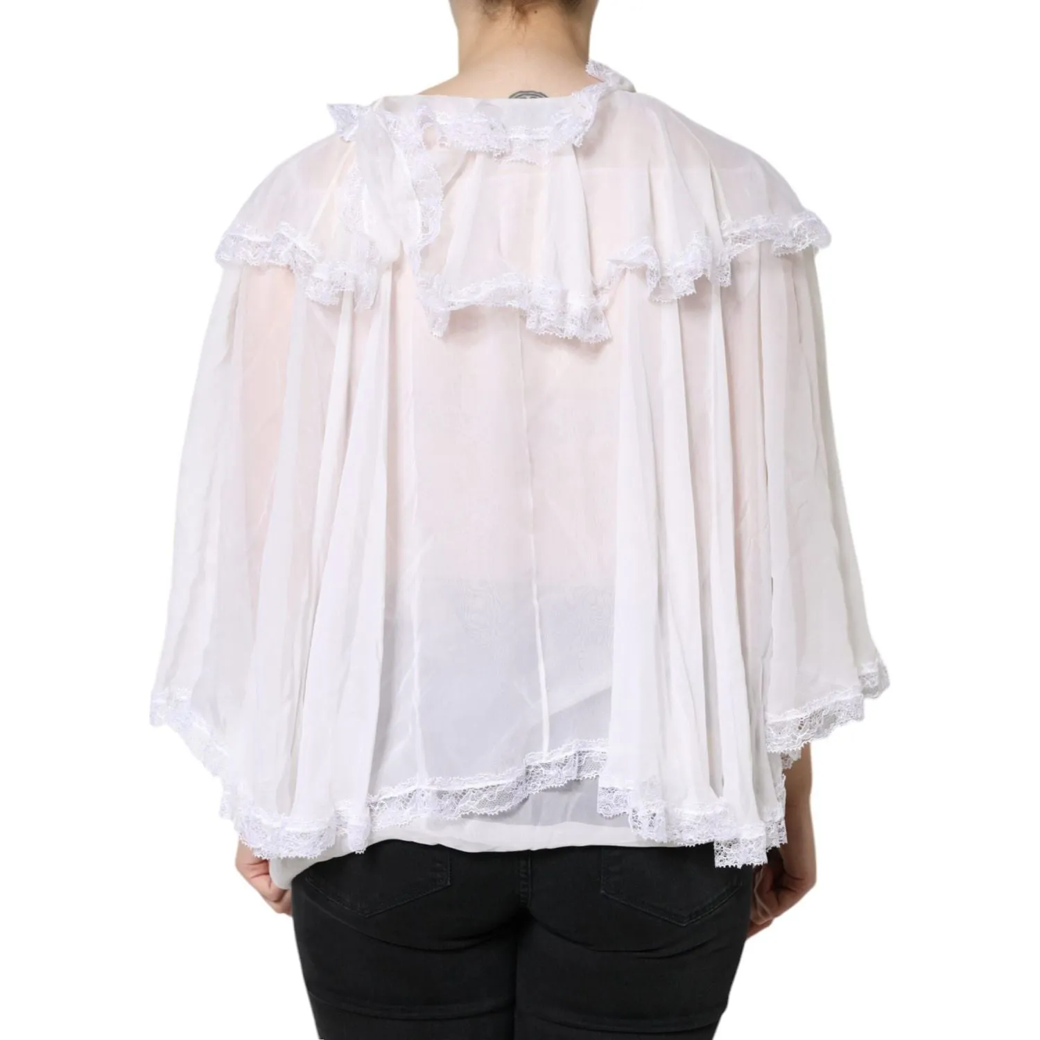 Dolce & Gabbana White Ruffles Lace Long Sleeve Blouse Top