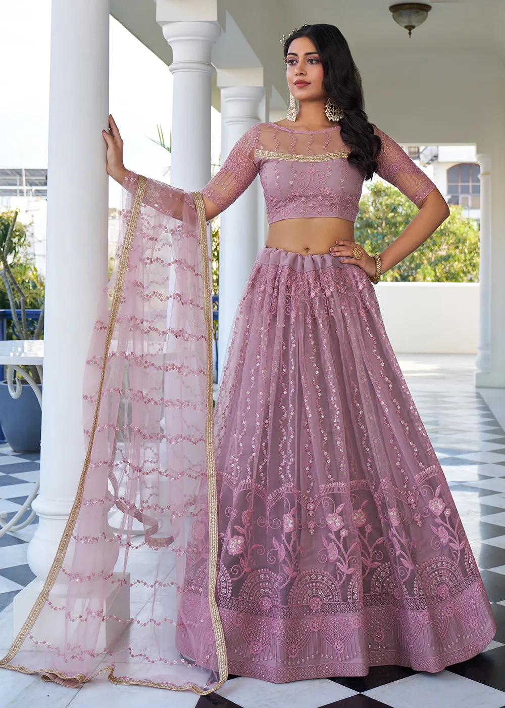 Dusty Pink Designer Embroidered Wedding Lehenga Choli