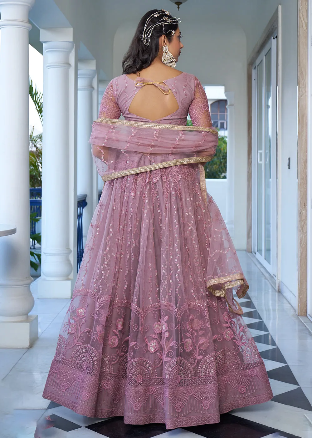 Dusty Pink Designer Embroidered Wedding Lehenga Choli