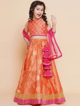 Girls Peach Mirror Embroidered Lace Detailed Choli With Lehenga And Dupatta