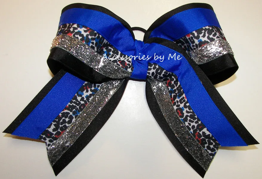 Glitter Leopard Cheetah Blue Black Cheer Bow