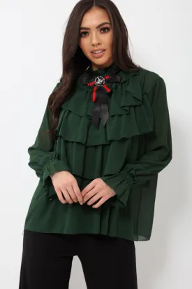 Green Sheer Ruffle Blouse with Striped Neck Tie - Viktoria