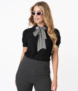 Hell Bunny 1950s Black & Stripe Bow Skelli Blouse