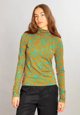 Mila Turtle Neck Shirt Hazy Turquoise & Burned Orange