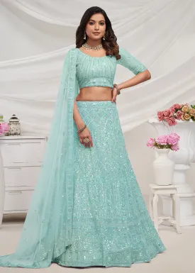 Pearled Sky Blue Heavy Embroidered Bridal Lehenga Choli