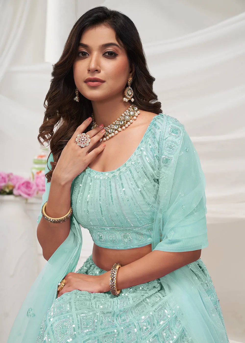 Pearled Sky Blue Heavy Embroidered Bridal Lehenga Choli