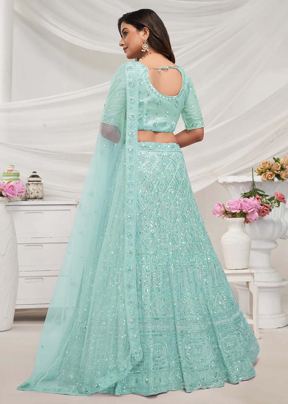 Pearled Sky Blue Heavy Embroidered Bridal Lehenga Choli