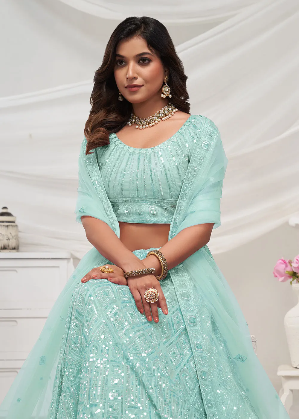 Pearled Sky Blue Heavy Embroidered Bridal Lehenga Choli