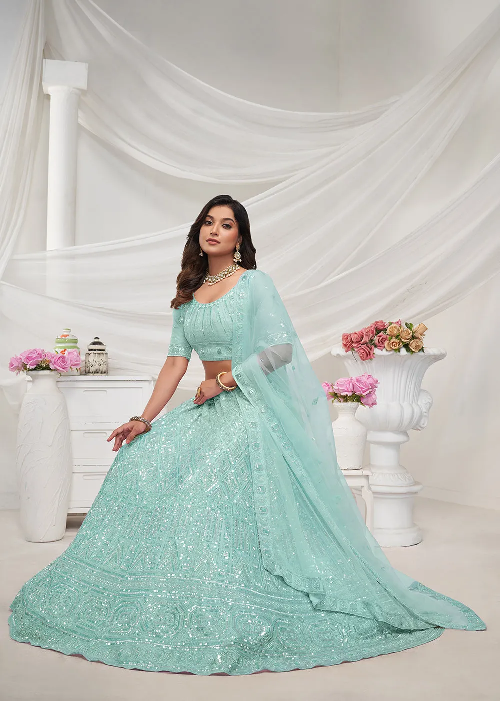 Pearled Sky Blue Heavy Embroidered Bridal Lehenga Choli