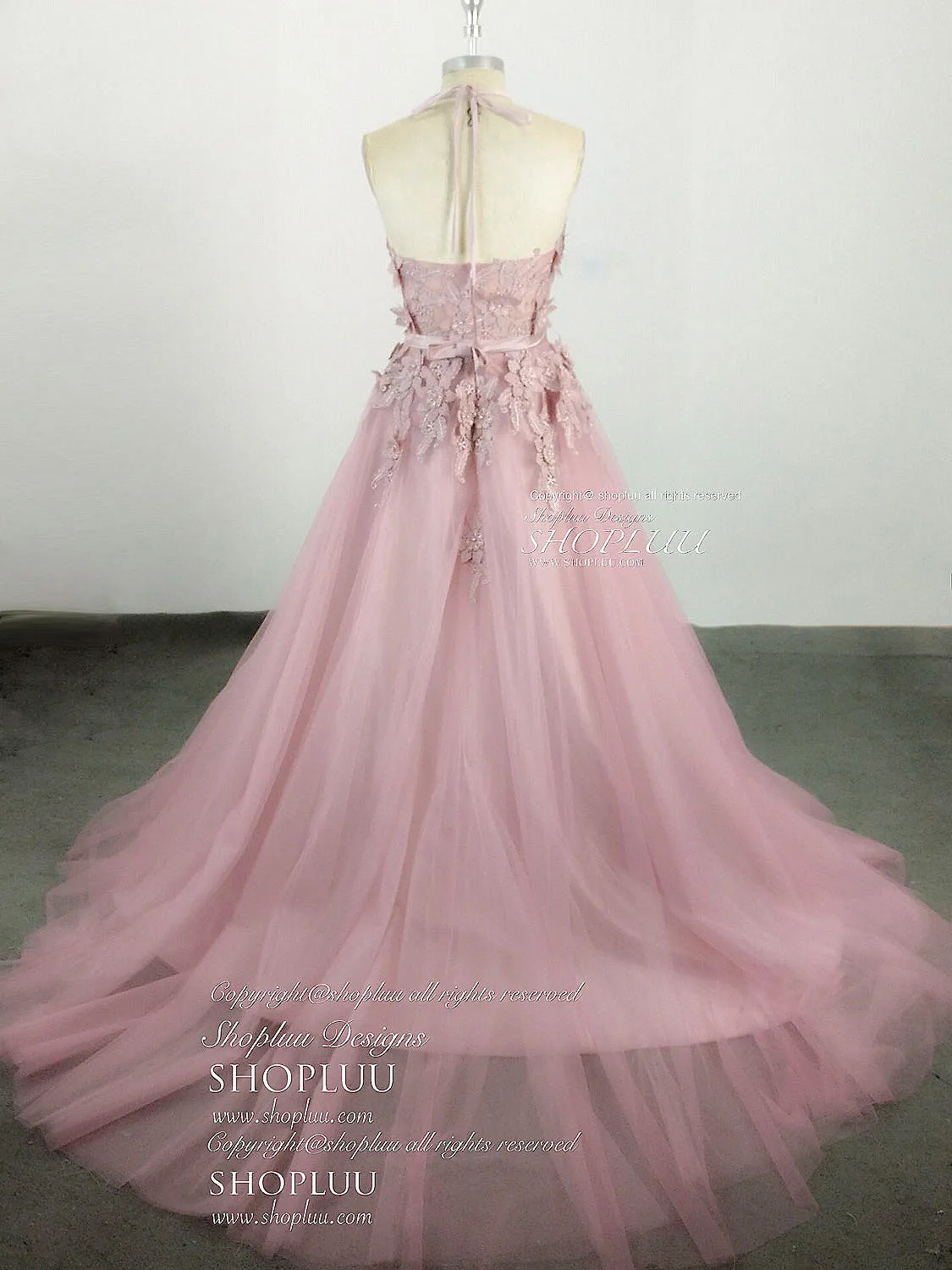 Pink High Neck Tulle Lace Applique Long Prom Dress Pink Evening Dress