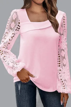 Pink Lace Patchwork Sleeve Asymmetrical Square Neck Blouse