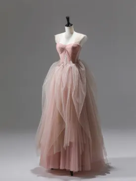 Pink Tulle Lace Long Prom Dress Beautiful A-Line Evening Party Dress