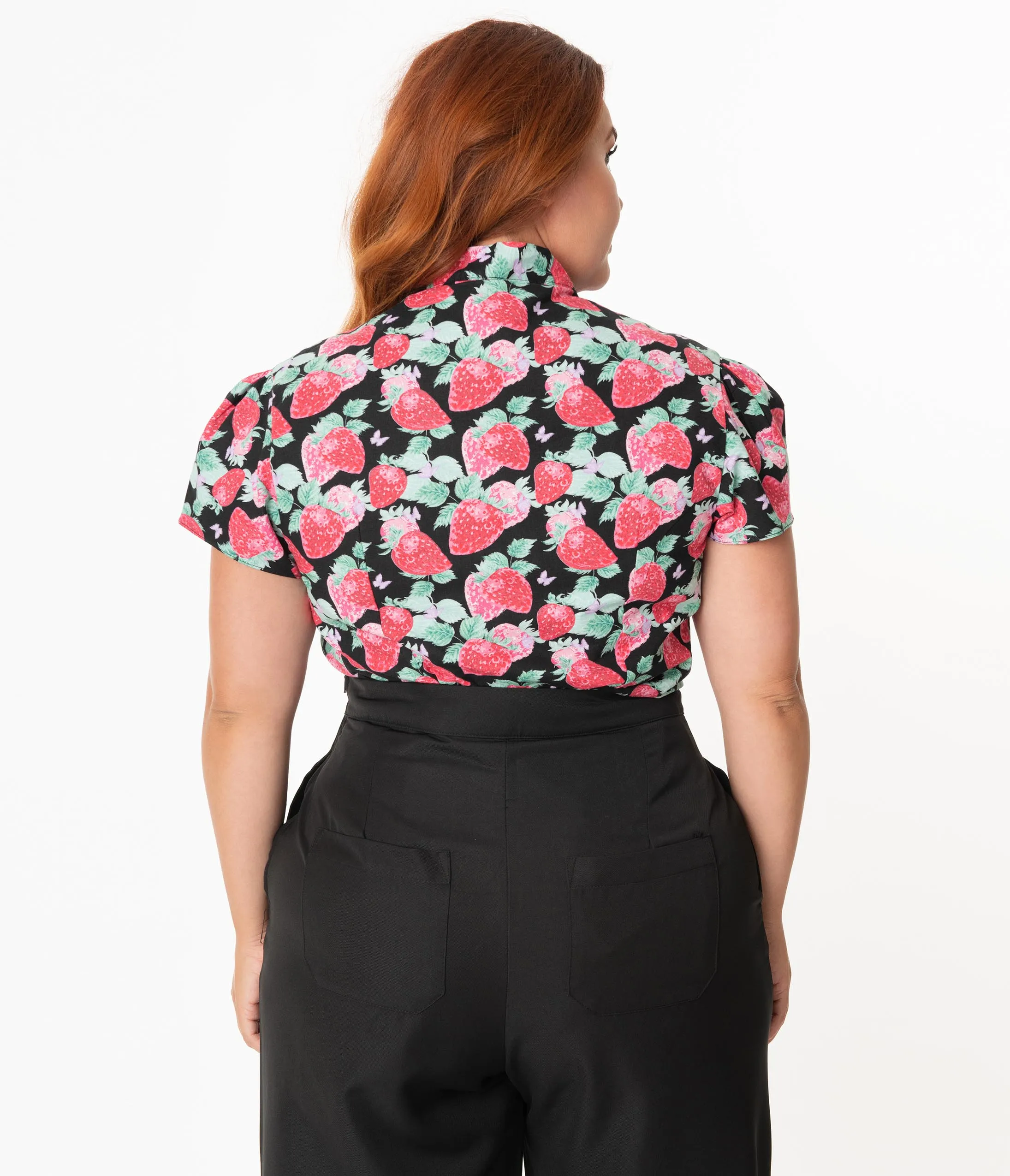 Plus Size Black & Red Strawberry Print Bow Blouse