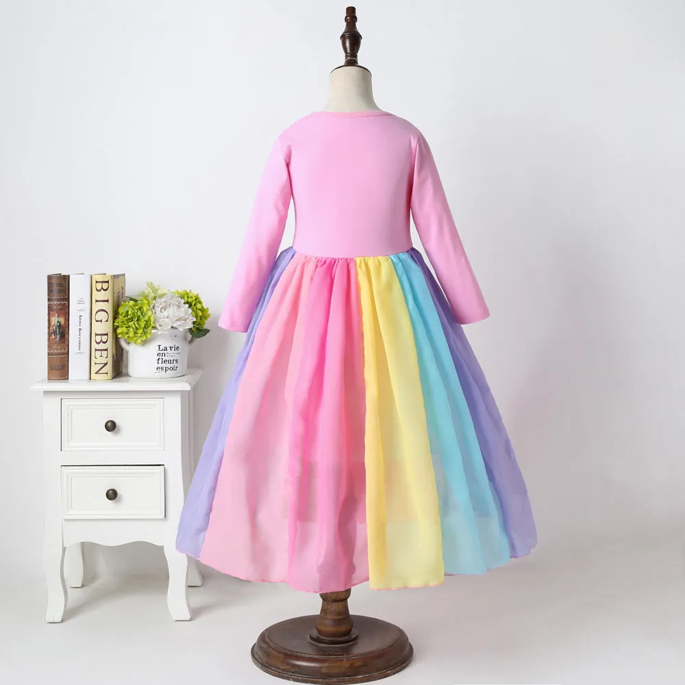 Popular Foreign Trade Children's Dress Autumn and Winter Long Sleeves Rainbow Mesh Dress Girl's Rainbow Printing Princess Dress