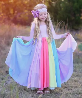 Popular Foreign Trade Children's Dress Autumn and Winter Long Sleeves Rainbow Mesh Dress Girl's Rainbow Printing Princess Dress