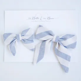 Sailor Bow Clip Or Headband / Chambray Linen Wide Stripe