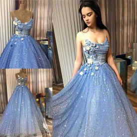 Sparkly Blue Spaghetti Straps Floral Top A-Line Long Prom Dress