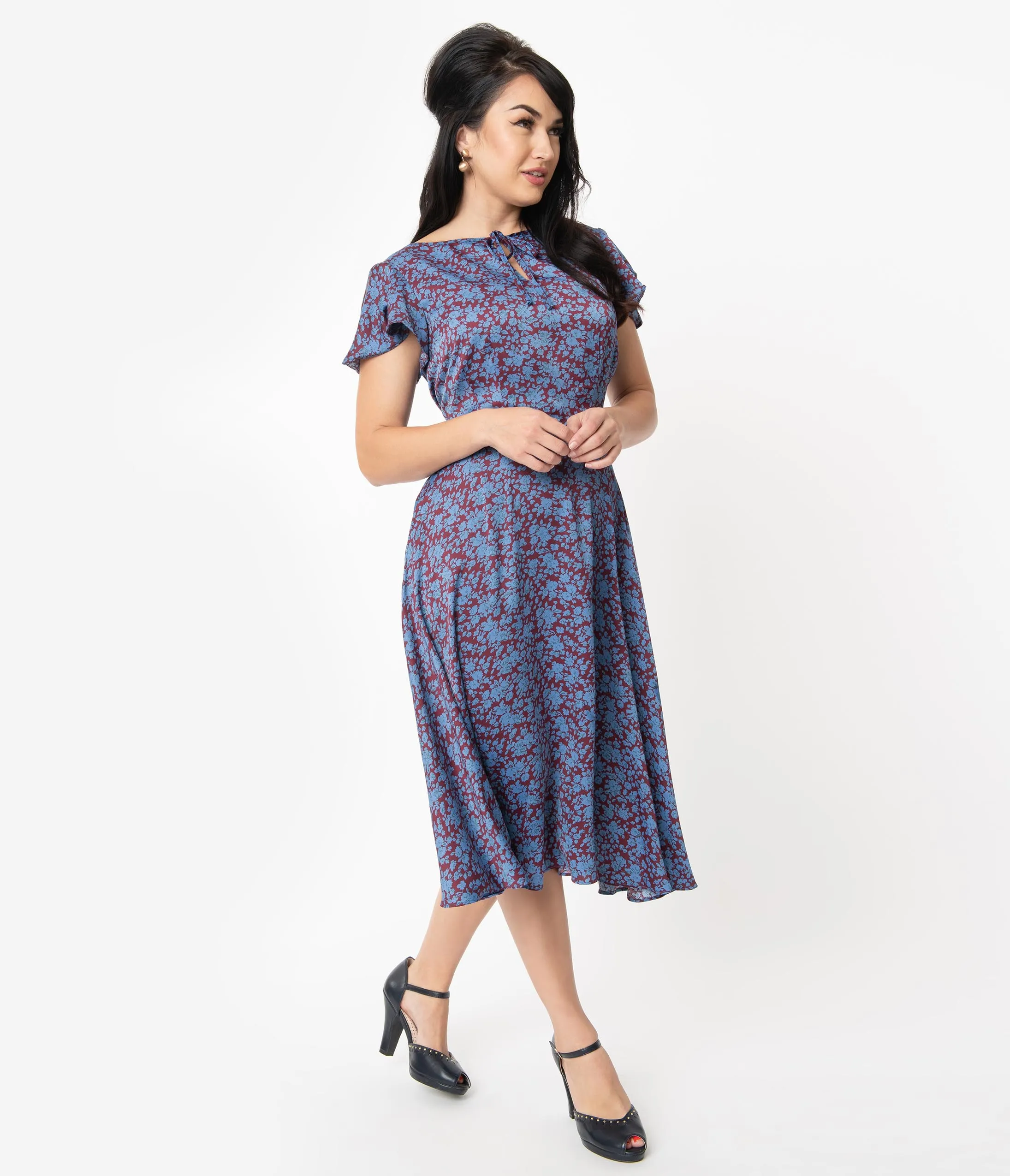 Unique Vintage 1940s Style Maroon & Blue Floral Formosa Swing Dress