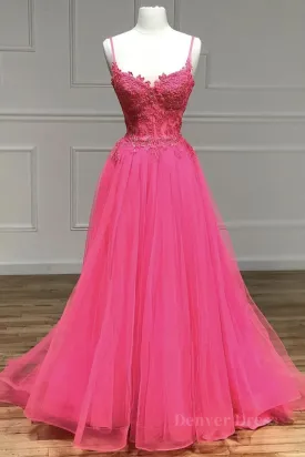 V Neck Beaded Hot Pink Lace Tulle Long Prom Dresses Hot Pink Lace Formal Dresses Hot Pink Evening Dresses