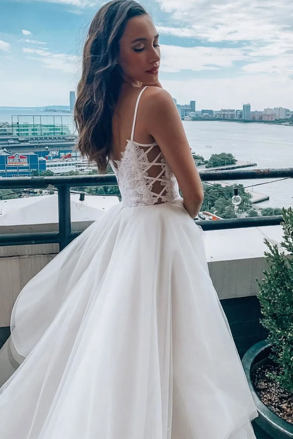 V Neck White Lace Fluffy Long Prom Dress, White Lace Formal Evening Dress, White Fluffy Ball Gown