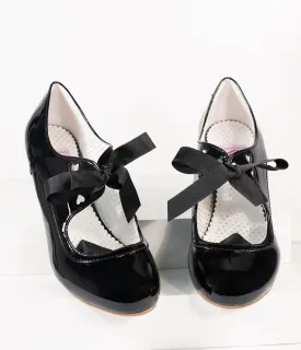 Vintage Style Black Patent Leatherette Wiggle Bow Heels