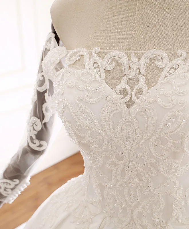 White Lace Satin Long Wedding Dress, Lace Satin Long Bridal Gown