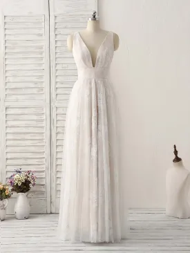 White V Neck Lace Long Prom Dress Backless Lace Evening Dress