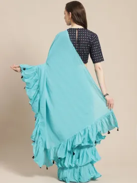 Women Navy Blue Ruffled Mul Saree With Blouse