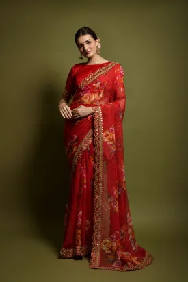 Women Party Wear Designer Red Colour Heavy Georgette Fabric Flower Printed with Heavy Lace Border